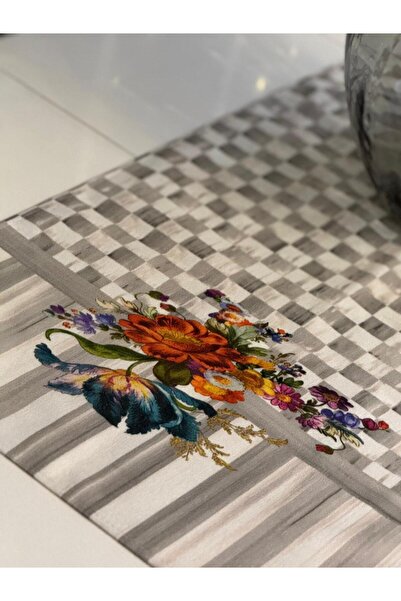 Nef’s Atelier GRİ DAMA ÇİÇEK DESENLİ RUNNER 40*110CM