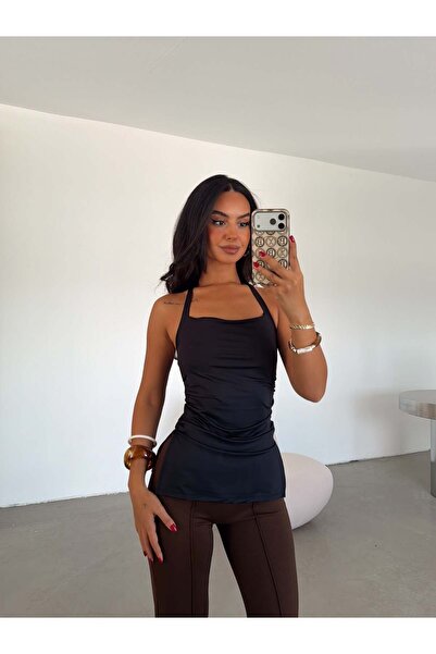 myd Halter Neck Side Slit Blouse - Black