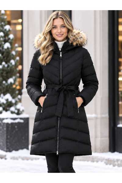 ASG Women's Hooded Fur-Detail Long Puffer Coat with Waist Belt for Winter