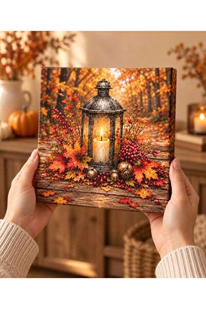 AlohamoraShop Sonbahar Temalı Mumlu Fener Dekoratif Canvas Tablo 20x20 cm – M...