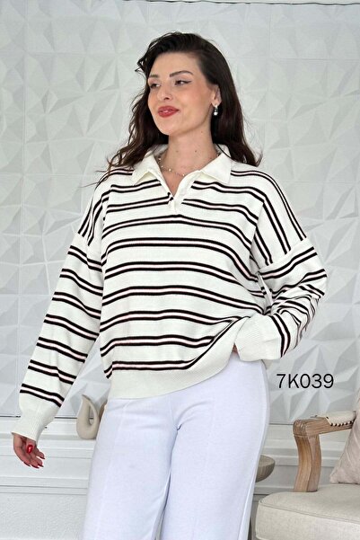 İnce Topuk Polo Collar Striped Knitwear Blouse 7K039