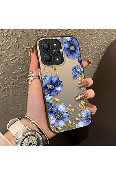 CHICASELUX Redmi 12 4G/5G Uyumlu Zarif Çiçek Kılıf, Mavi Çiçek Altın Dal Yara...
