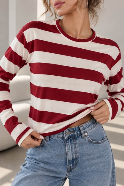 bb butik basic Women's Striped Crew Neck Long Sleeve Basic Blouse Zg3535