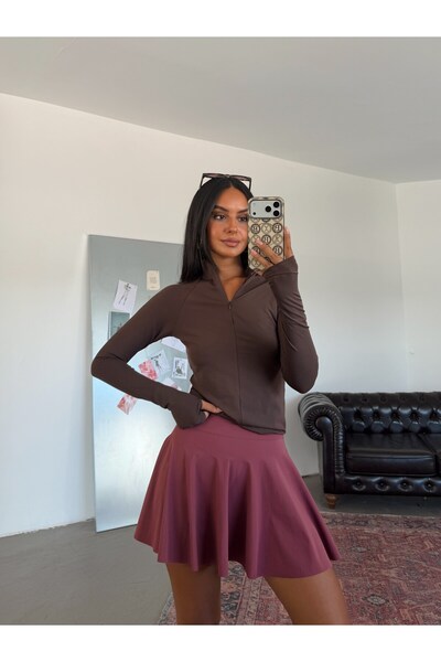 myd High Collar Half-Zip Blouse - Brown