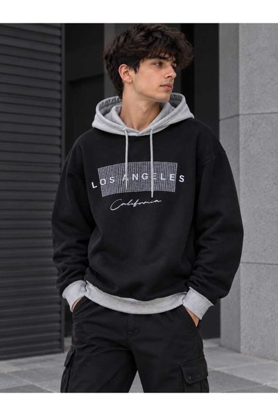 LOTS MODA Unisex Los Angeles Calfornia Baskılı Oversize Kapüşonlu Sweatshirt