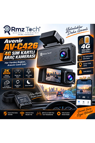 RMZTECH Avenir AV-C426 6MP 4G SIM Kartlı Araç Kamerası Çift Kamera GPS Konum ...