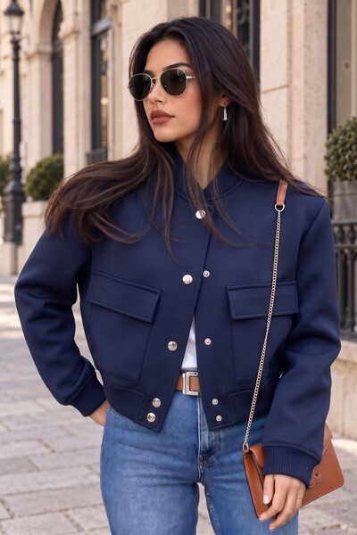 ALFUDO Moda Collection Çıtçıt Detaylı Cepli Kısa Bomber Ceket