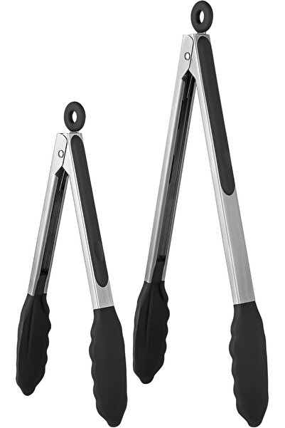 JOYZZZ Kitchen Tongs, 2 Pack Black Stainless Steel Tongs with Silicone Tips f...