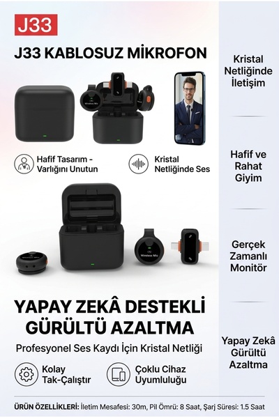 Mmctech Profesyonel Kablosuz Yaka Mikrofonu 2 Adet Mikrofonlu Lightning ve Type-C Destekli ANC/ENC Gürültü Engelleme