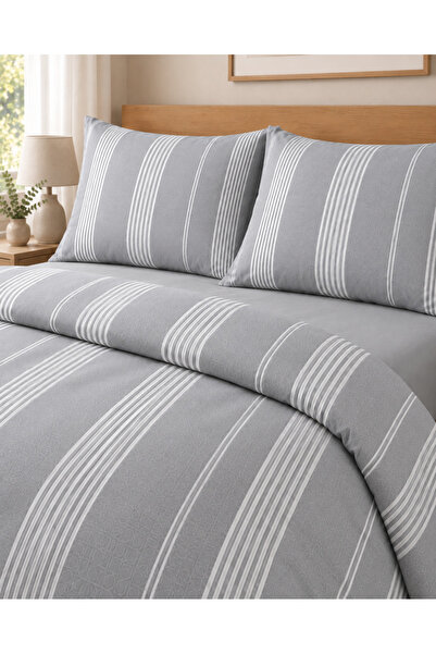 Nevora Gray Striped Double Duvet Cover Set 4 Piece Bedding Set with Sheets