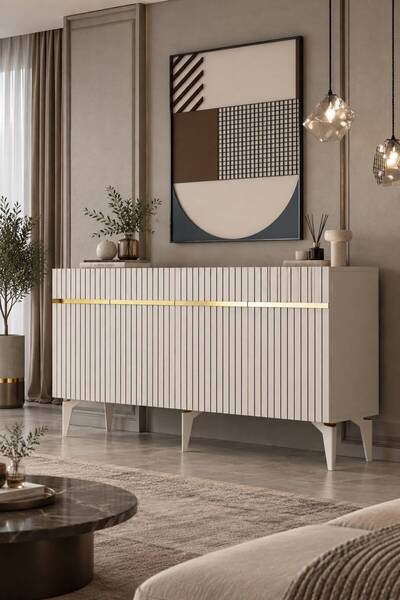 Modova Home 150MHK5BA TEDDY LAZER PLEKSİ DESEN KONSOL ve TV SEHPASI BEYAZ-ALTIN