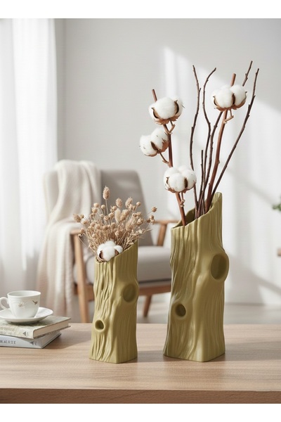 2'li Kütük Görünümlü Vazo Seti (Büyük 20 cm Küçük 15 cm İkili Set)