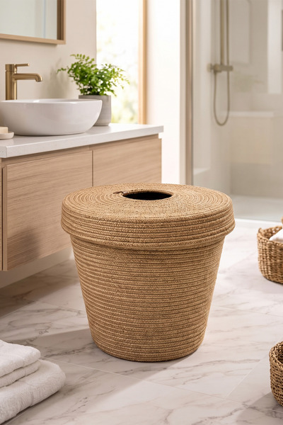 Villadia Home Textile Jüt Örgü Çöp Sepeti Kapaklı Çok Amaçlı Dekoratif Sepet ...