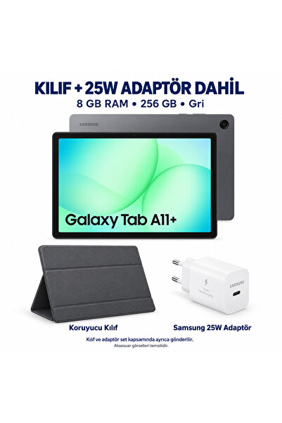 Samsung Galaxy Tab A11+ 8 GB RAM 256 GB Gri SM-X230 Tablet Seti + Kılıf + 25W...