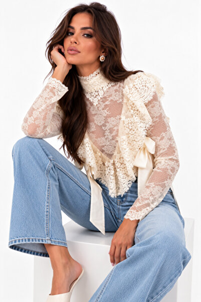 LOKADI Women's Stand Collar Ruffled Lace Blouse with Tie Detail Stylish Trans...