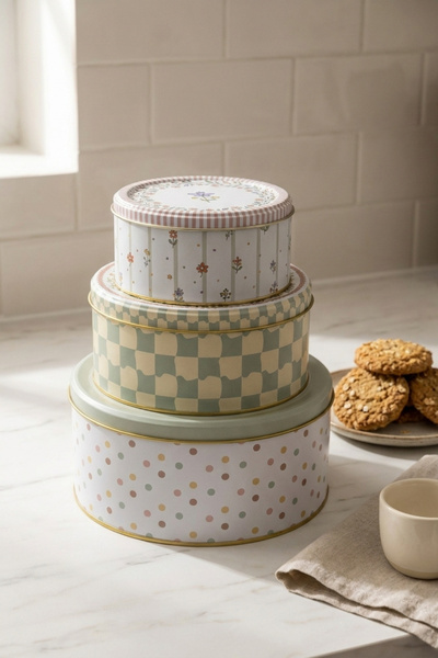 EVLE Metal Round Storage Box with Lid Set of 3 Organizer 21,5 17,5 14 cm / Wh...