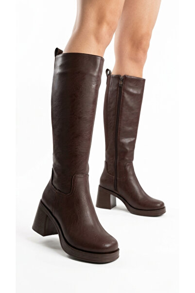 Limeo Women's Leather Look Stretch Detailed Side Zipper Thick Heeled Long Boots