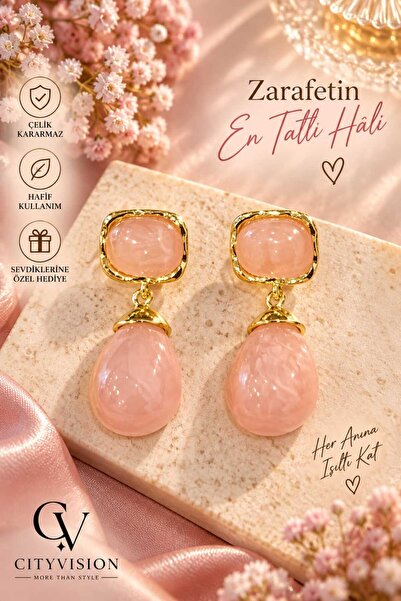 cityvision Oval Model Pink Color Stainless Steel Earring Set