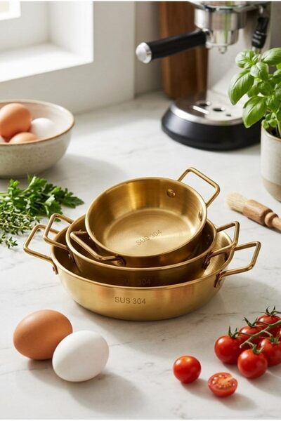 layfislife Paslanmaz Çelik Gold Renk Çift Kulplu 3’lü Derin Sahan Seti Pişirm...