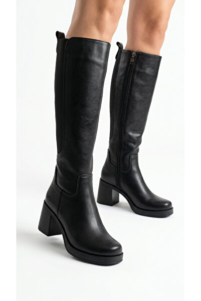 Limeo Women's Leather Look Stretch Detailed Side Zipper Thick Heeled Long Boots