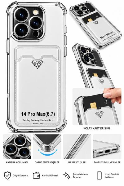 MİMİKRİ HOME Şeffaf Kartlıklı İphone 14 Pro Max İle Uyumlu Telefon Kılıfı Bey...