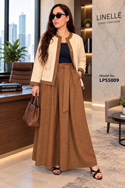 LINELLE Two-Tone Linen-Look Polyester Women's Woven Co-Ord Set with Skirt