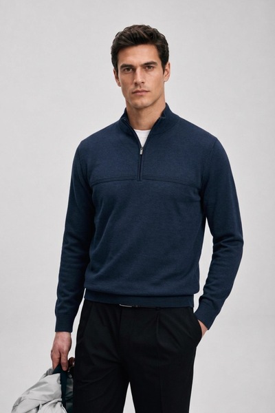 Maccali Men's Striped Regular Marine Half-Zip Sweatshirt