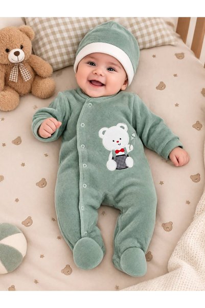 Sönmez Baby UÇURTMALI AYI KIŞLIK KADİFE TULUM VE ŞAPKASI İKİLİ ERKEK BEBE TAKIMI