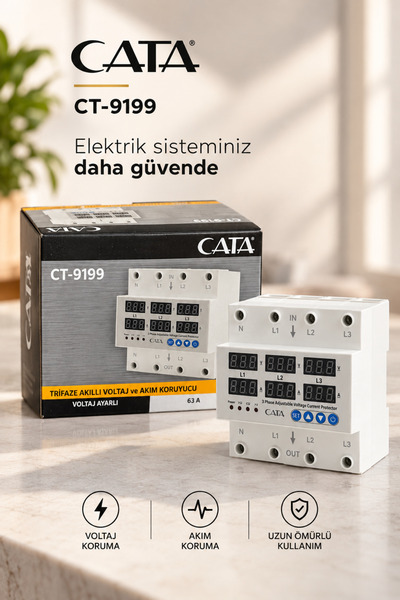Cata CT-9199 Trifaze Akıllı Voltaj ve Akım Koruyucu 63A