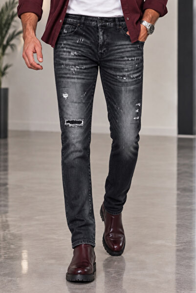 CEDY DENIM بنطلون جينز رجالي ضيق مرن من الليكرا بتصميم عتيق مغسول وممزق بتفاص...