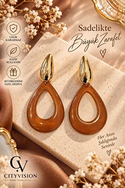 cityvision Oval Model Stainless Steel Brown Color Earring Set