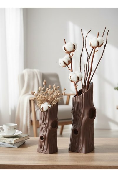 2'li Kütük Görünümlü Vazo Seti (Büyük 20 cm Küçük 15 cm İkili Set)