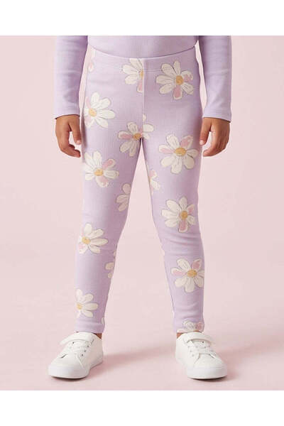 REDTAG Girls Lilac Floral Printed Rib Leggings
