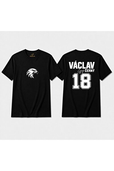 Unisex Siyah Kartal Ve Václav Černý 18 Sırt Baskılı Pamuklu Bisiklet Yaka Tişört