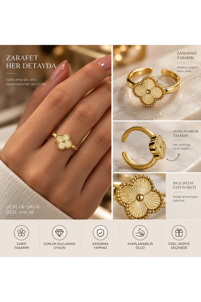 Genel Markalar Kadın 14K Altın Kaplama Gold Yonca Yüzük – Ayarlanabilir Zarif...