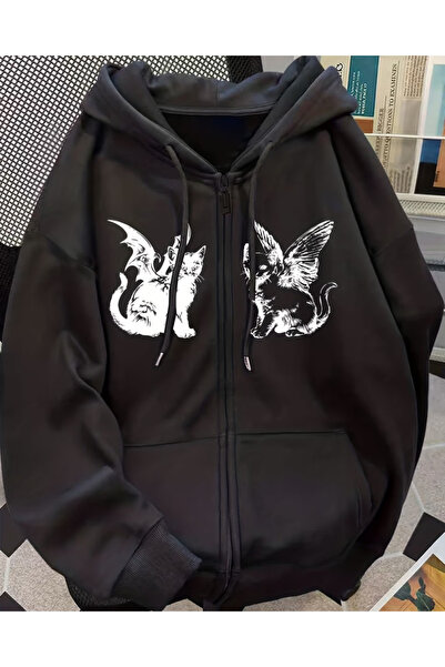 Toum Gothic Design Oversize Zippered Unisex Hooded Cardigan
