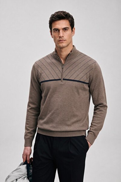 Maccali Men's Striped Regular Dark Brown Half-Zip Sweatshirt