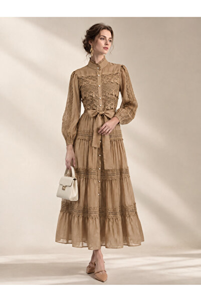 Greneric Women's Elegant High Neck Lace Midi Dress – Layered Design with Tie ...