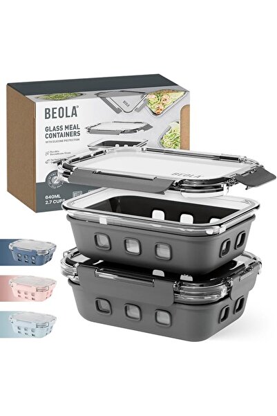 BEOLA Set of 2 Glass Food Storage Containers, Lunch Box, with Airtight Lids a...