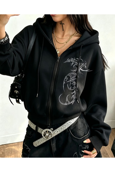 Toum Gothic Design Oversize Zippered Unisex Hooded Cardigan
