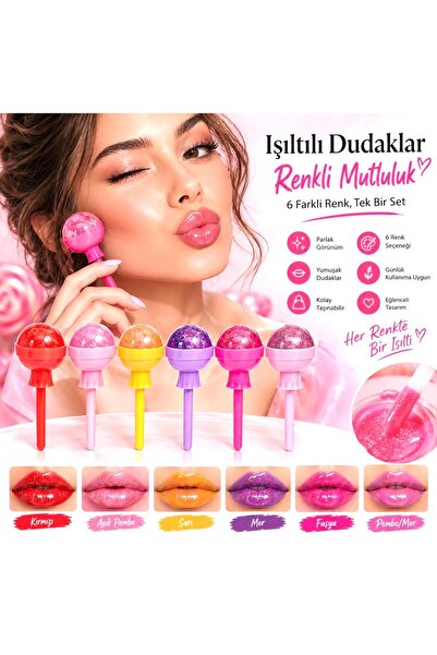 Forface 6’lı Lollipop Simli Lip Gloss Dudak Parlatıcısı Seti – 6 Farklı Renk