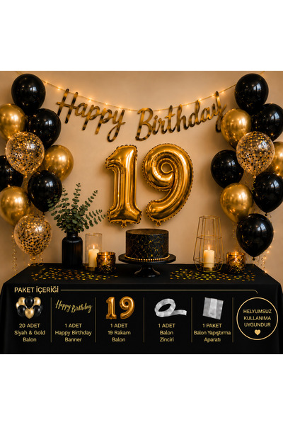 BOXLAND 19 Yaş Doğum Günü Süsleme Seti Siyah Gold Balon Seti Happy Birthday B...