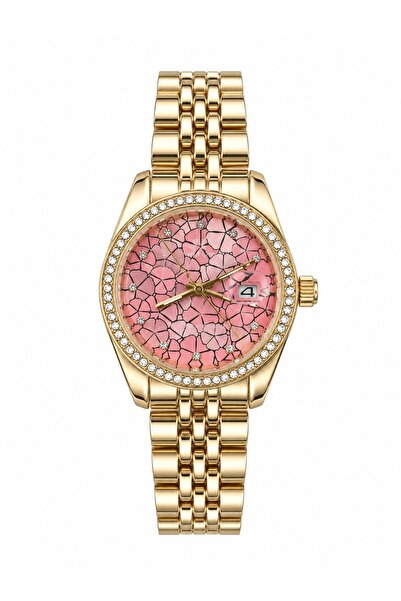 Show Time ST Kadın Kol Saati Pembe Kadran Gold Metal Kordon Taşlı Takvimli Şı...
