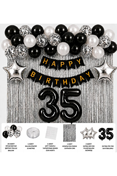 BOXLAND Siyah Beyaz Gümüş 35 Yaş Doğum Günü Süsleme Seti 20 Adet Balon 18 İnç...