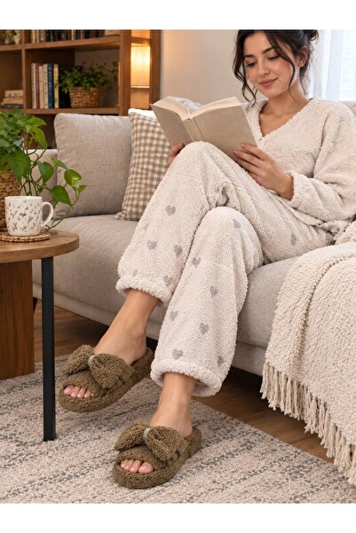 MÜJERİL'S Bow Detailed Plush House Slippers Soft Insole Winter House Slippers...