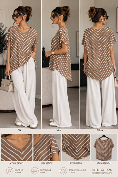 THIRTEEN SELECT Women's Striped V-Neck Loose Blouse Asymmetrical Cut Short Sl...