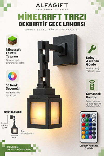 ALFAGİFT Minecraft Tarzı Zincirli Gece Lambası 16 Renkli Kumandalı Şarjlı Duv...