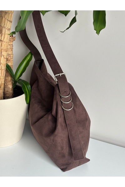Nura Collection Brown Women's Suede Wide Shoulder Bag with Ring Accessory