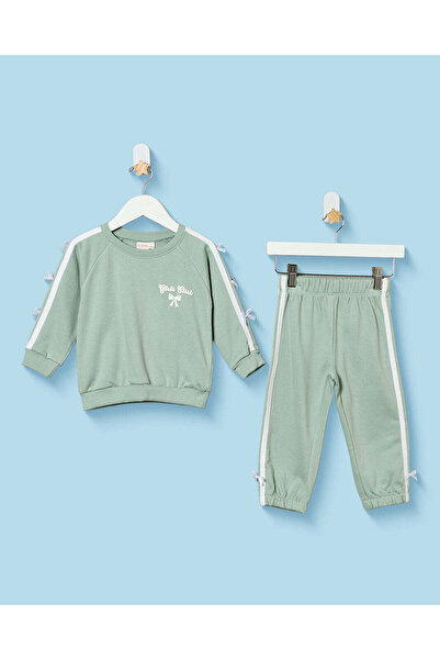 REDTAG Infant Girls Green Active Jogging Suit With Bows