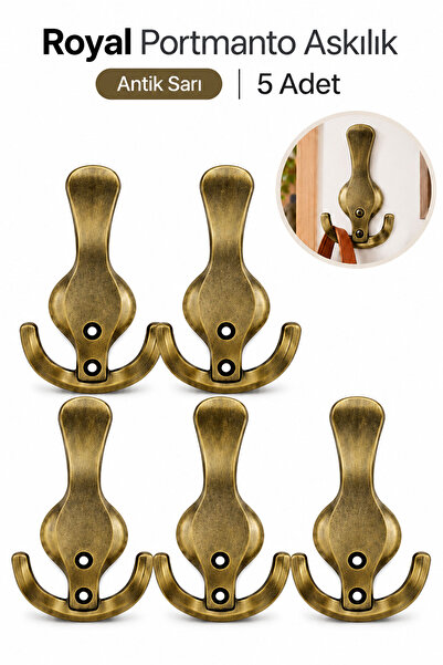 Badem10 ROYAL Portmanto Askılık Antik Sarı 5 Adet Set Metal Askılık Duvar Vestiyer Dolap Askı Aksesuarı